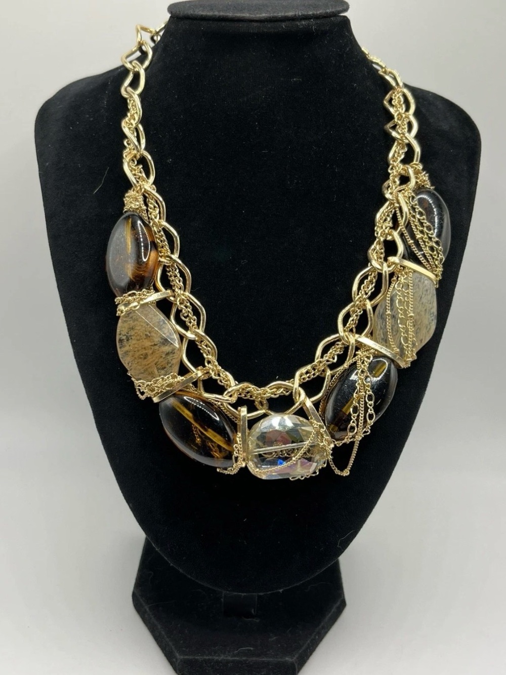 Multicolored Resin Beaded Gold Tone Chain Statement